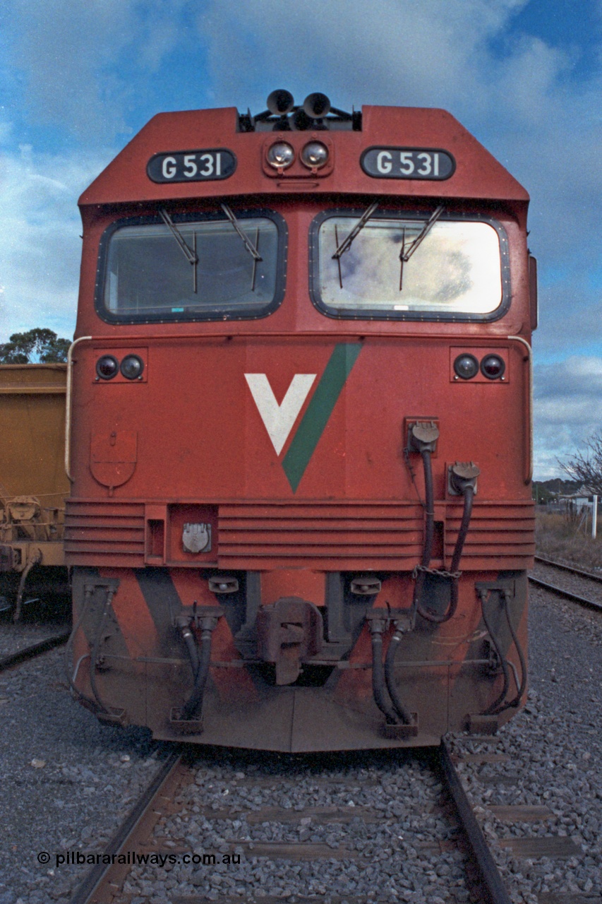 101-09
Maryborough, broad gauge V/Line G class G 531 Clyde Engineering EMD model JT26C-2SS serial 88-1261 cab front view.
Keywords: G-class;G531;Clyde-Engineering-Somerton-Victoria;EMD;JT26C-2SS;88-1261;
