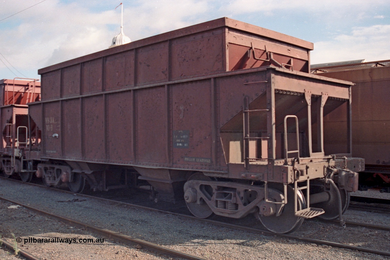 101-12
Maryborough, broad gauge V/Line VHJA type bogie gypsum waggon VHJA 10, the final member of 10 such waggons converted in 1984 from VHCA type waggons for use on the Cowangie gypsum traffic by Newport Workshops, originally built new as a J type hopper waggon by American Car and Foundry USA November 1925, recoded to CJ type in 1960 and VHCA in 1980. In 1993 a further fifteen were such converted.
Keywords: VHJA-type;VHJA10;American-Car-&-Foundry-USA;J-type;CJ-type;VHCA-type;