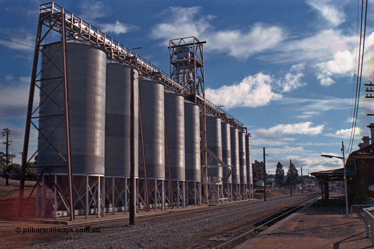 101-17
St Arnaud station yard overview looking north, station platform and building on right, corrugated iron Aquila silo complex on left.
