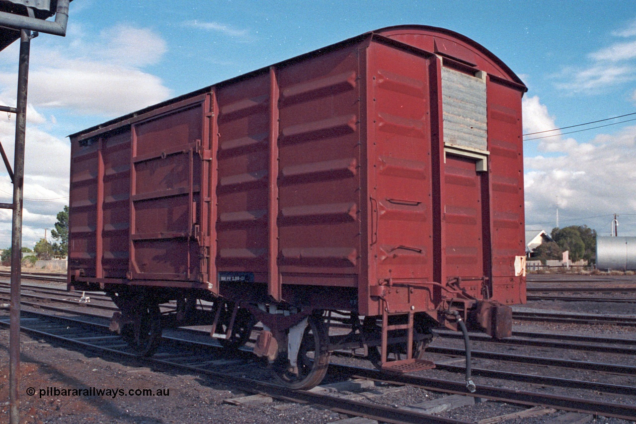 101-22
Donald loco depot, B class four wheel louvre van, Victorian Railways built a total of 380 of these and were built between 1958 and 1961 mostly by Bendigo Workshops from scrapped waggon underframes of I and IA types.
Keywords: B-van;Victorian-Railways-Bendigo-WS;