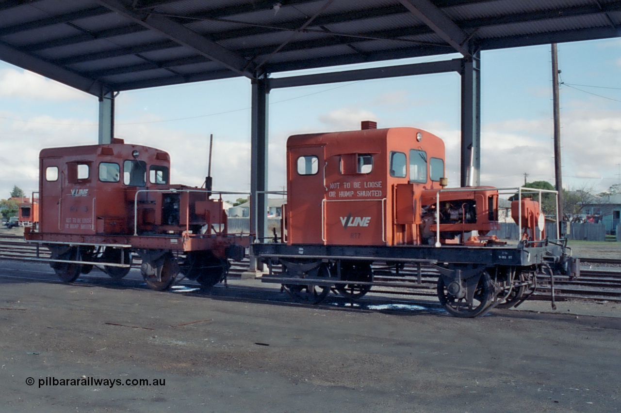 101-27
Donald, V/Line Freightgate, rail tractors RT class RT 53 and RT 7, RT 7 originally built new by the Victorian Railways at Newport Workshops in October 1957 and issued to Terang. RT 53 was converted from a I class waggon by Ballarat North Workshops in October 1975.
Keywords: RT-class;RT53;RT7;rail-tractor;Victorian-Railways-Newport-WS;Victorian-Railways-Ballarat-Nth-WS;