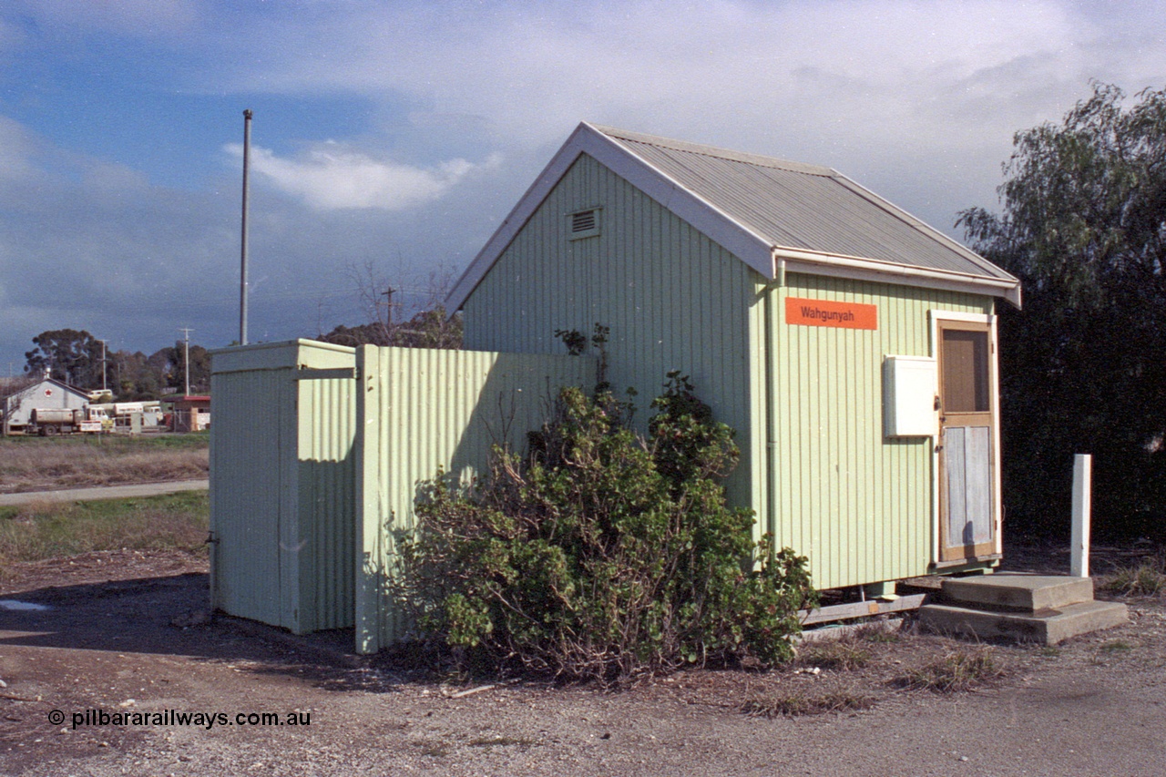 103-16
Wahgunyah portable station building, staff hut, 3/4 view, LHS showing ablution block.
