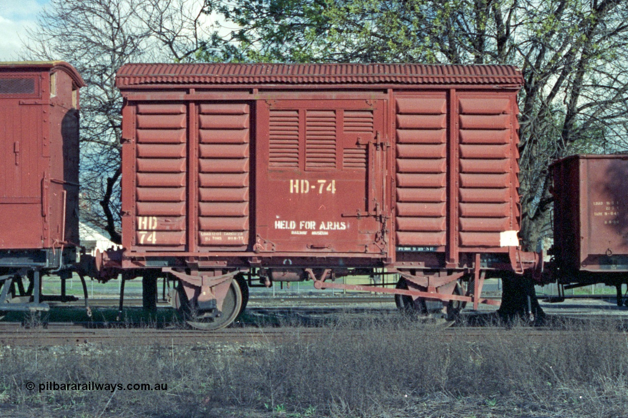 103-19
Benalla Workshops, broad gauge HD type four wheel departmental van HD 74, stencilled 'Held For ARHS'. HD 74 was originally built as a U van U 1547 by Victorian Railways Bendigo Workshops in January 1957, converted to HD in August 1977.
Keywords: HD-type;HD74;Victorian-Railways-Bendigo-WS;U-type;U1547;fixed-wheel-waggon;
