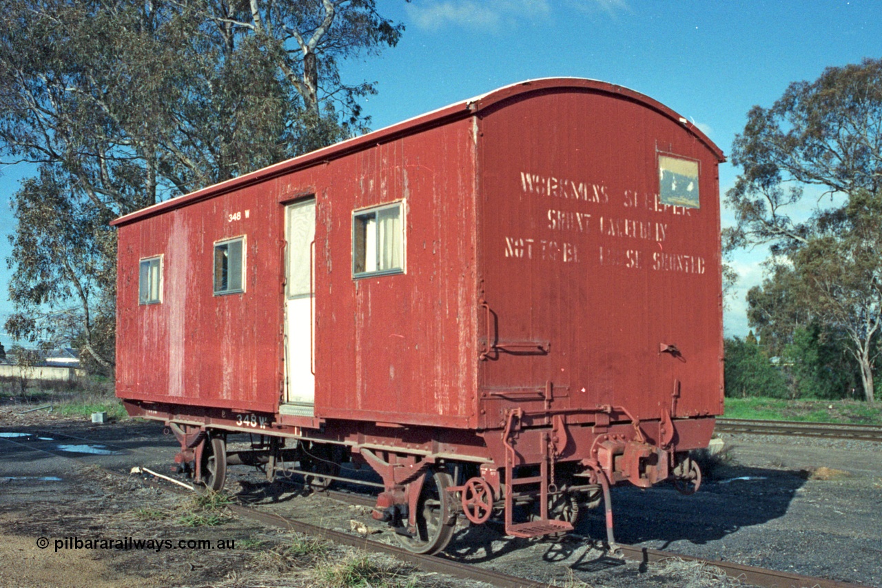 103-22
Benalla, broad gauge W type four wheel workman's sleeper waggon W 348, built new by the Victorian Railways in June 1936.
Keywords: W-type;W348;fixed-wheel-waggon;