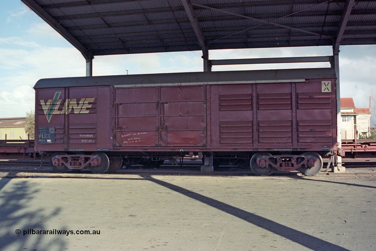 103-25
Benalla, broad gauge V/Line VLCX type bogie louvre van VLCX 148 built by Victorian Railways Bendigo Workshops as a VLX type louvre van in June 1965, recoded in 1979 to VLCX, Freightgate shed.
Keywords: VLCX-type;VLCX148;Victorian-Railways-Bendigo-WS;VLX-type;