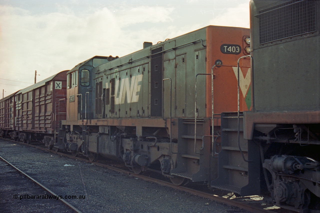 103-30
Benalla station yard, broad gauge V/Line T class loco T 403 with serial 67-498 a Clyde Engineering Granville NSW built EMD model G18B, LHS view from rear.
Keywords: T-class;T403;Clyde-Engineering-Granville-NSW;EMD;G18B;67-498;