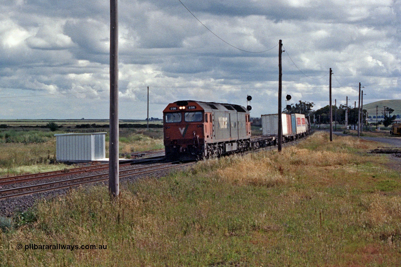 104-19
Wallan Loop, standard gauge V/Line G class loco G 515 with serial 85-1243 a Clyde Engineering Rosewater SA built EMD model JT26C-2SS leads a down Albury bound goods, standard gauge gangers trolley shed on the loop line.
Keywords: G-class;G515;Clyde-Engineering-Rosewater-SA;EMD;JT26C-2SS;85-1243;