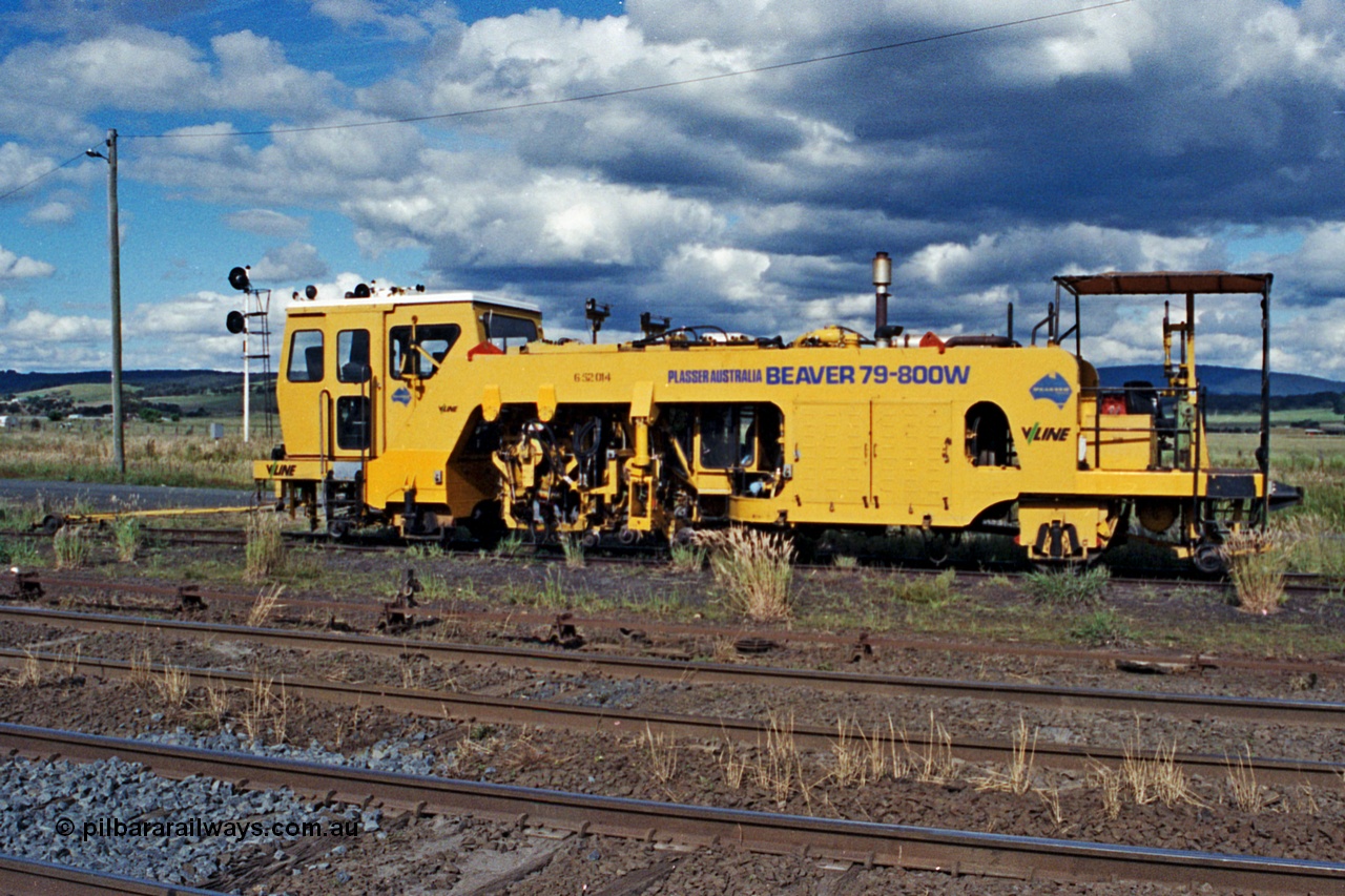 104-23
Wallan, V/Line broad gauge track machine with asset number 6-52-014, Plasser Beaver tamper model 79-800W track tamper on No.3 Rd, point rodding, standard gauge loop in background.
Keywords: Plasser;Beaver;79-800W;track-machine;