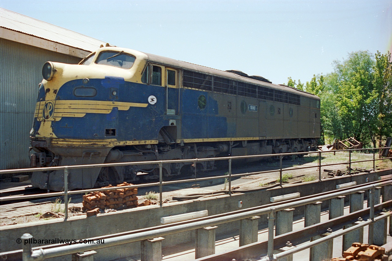 105-34
Seymour loco depot, broad gauge Victorian Railways S class S 303 'C J Latrobe' Clyde Engineering EMD model A7 serial 57-167 in withdrawn condition sits at the turntable under SRHC ownership.
Keywords: S-class;S303;Clyde-Engineering-Granville-NSW;EMD;A7;57-167;bulldog;