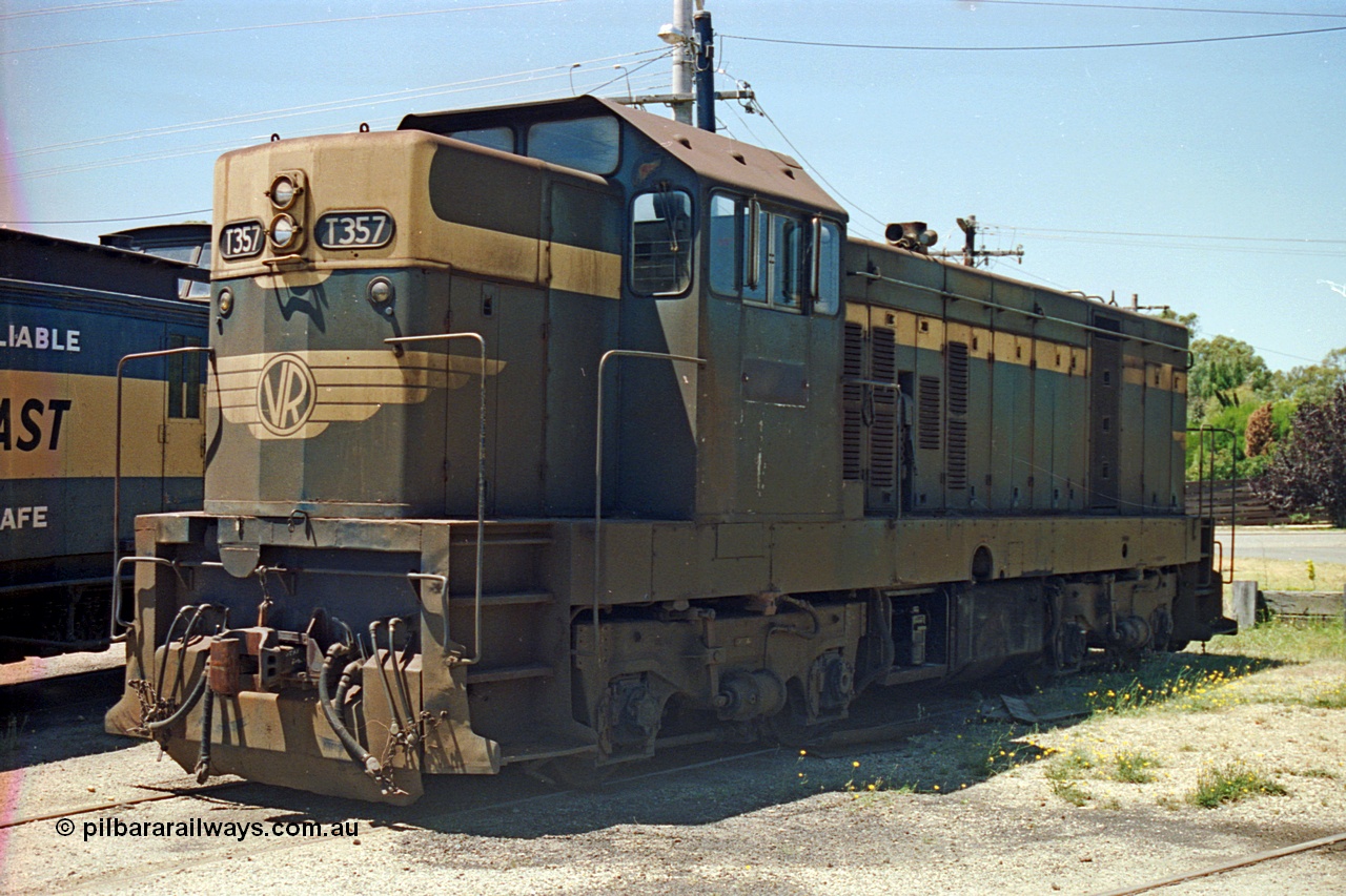 105-35
Seymour loco depot, ex-V/Line broad gauge T class T 357 Clyde Engineering EMD model G8B serial 61-242, still in VR livery under SRHC ownership.
Keywords: T-class;T357;Clyde-Engineering-Granville-NSW;EMD;G8B;61-242;