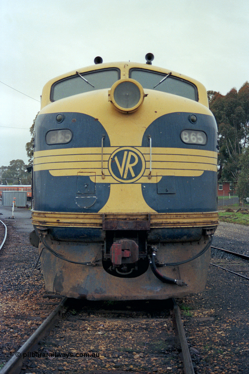 106-18
Seymour broad gauge passenger stabling yard, V/Line B class loco B 65 Clyde Engineering EMD model ML2 serial ML2-6 still in VR or Victorian Railways blue and gold livery, front view.
Keywords: B-class;B65;Clyde-Engineering-Granville-NSW;EMD;ML2;ML2-6;bulldog;