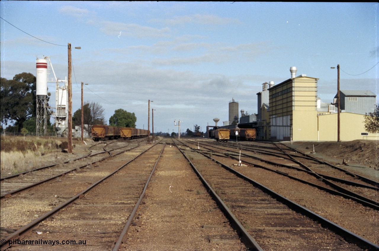 107-19
Echuca station yard overview looking south, cement siding at left, rakes of bogie grain waggons, semaphore signal post 4, and Ricegrowers Co-Op Mills sidings and more bogie grain waggons on the right, taken in between the Toolamba and Bendigo lines.
