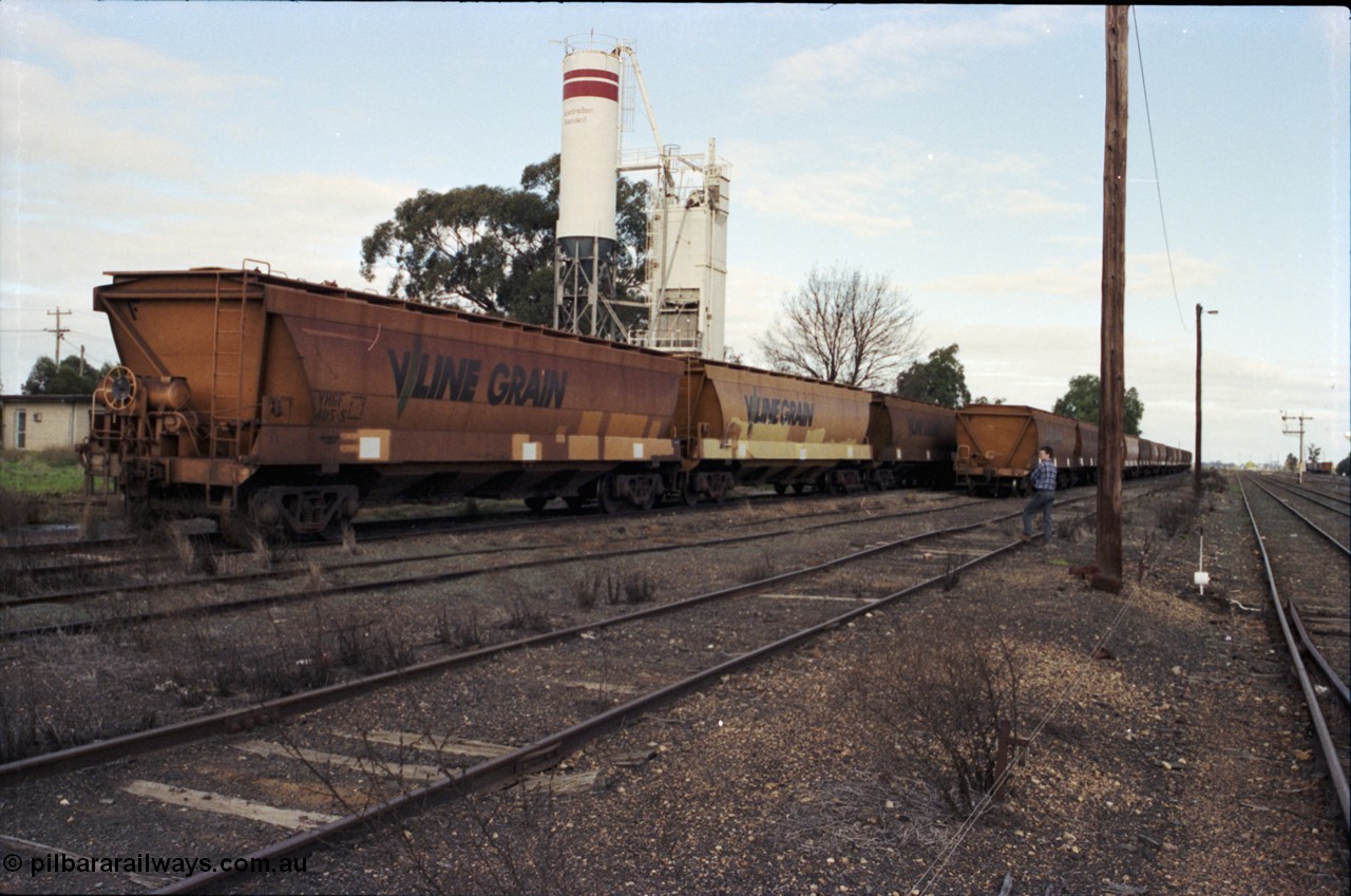 107-20
Echuca station yard view, Sidings B and cement siding, broad gauge V/Line Grain VHGF type bogie grain waggons, VHGF 405 built new in October 1984 by V/Line Ballarat North Workshops as a VHGY type, recoded in 1988.
Keywords: VHGF-type;VHGF405;V/Line-Ballarat-Nth-WS;VHGY-type;