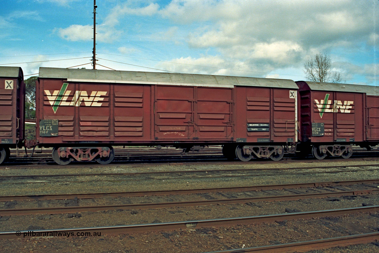 110-07
Benalla yard view, broad gauge V/Line VLCX type bogie louvre van VLCX 350 stencilled 'Melb - Mildura Traffic Only', stabled down Wodonga goods train 9303. Built in November 1965 by Ballarat North Workshops as VLX type, recoded in April 1979.
Keywords: VLCX-type;VLCX350;Victorian-Railways-Ballarat-Nth-WS;VLX-type;