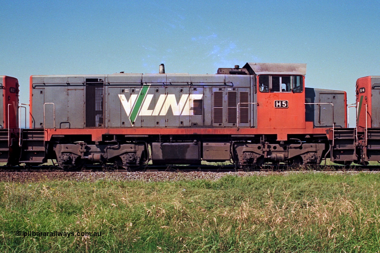 112-23
North Geelong grain loop, V/Line broad gauge H class H 5 Clyde Engineering EMD model G18B serial 68-632, RHS view, between sisters H 2 serial 68-630 and H 4 serial 68-633, grain loop unloading operations.
Keywords: H-class;H5;Clyde-Engineering-Granville-NSW;EMD;G18B;68-632;H2;68-630;H4;68-633;