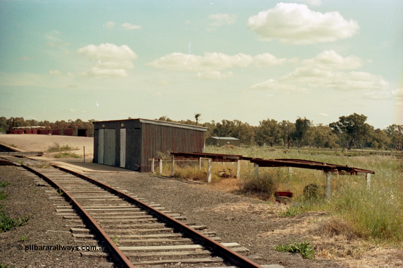 114-17
Tocumwal station yard, NSWGR gangers trolley shed, standard gauge track, looking south.
