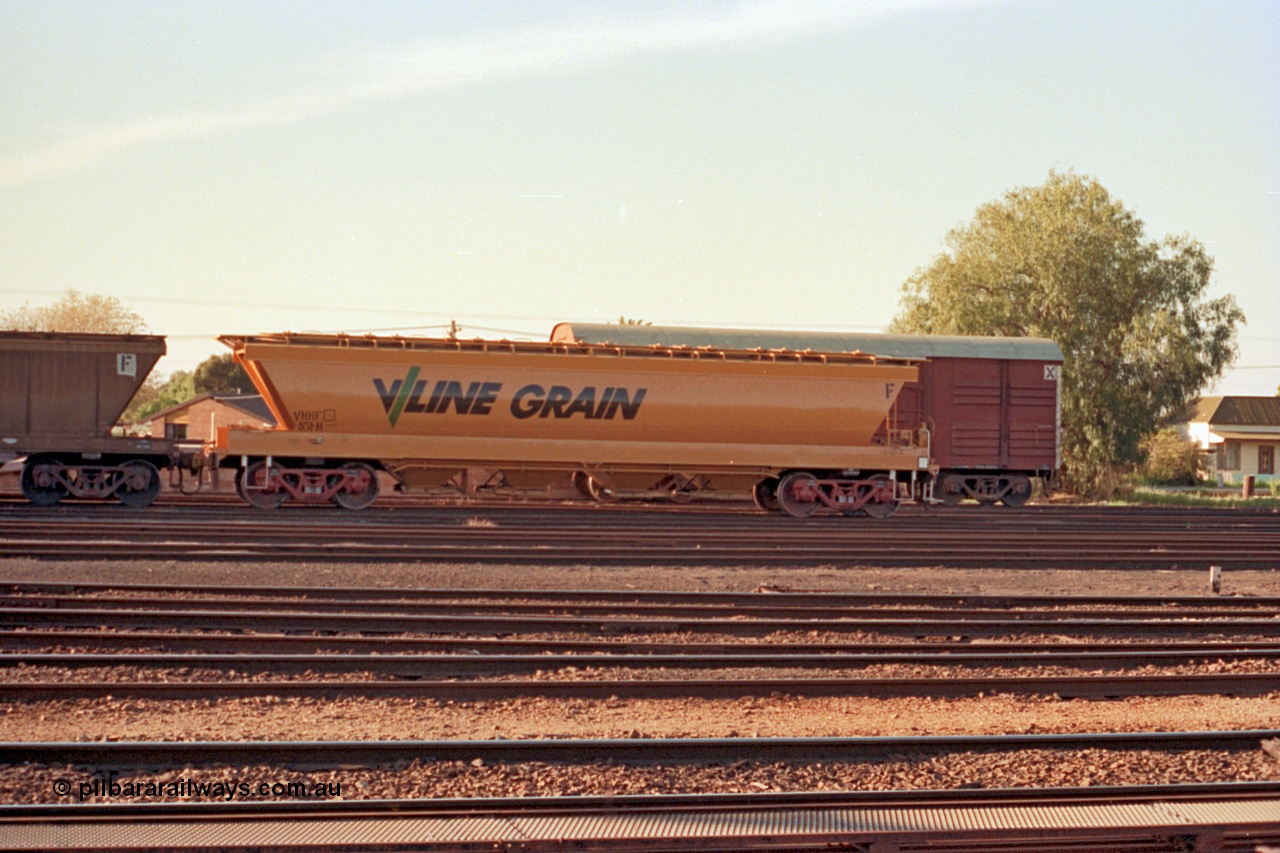 114-24
Benalla V/Line Grain broad gauge VHHF type bogie grain waggon VHHF 851, looking very new. VHHF was built by Victorian Railways Ballarat North Workshops in 1982 as a VHHY type; recoded to VHHF in 1987.
Keywords: VHHF-type;VHHF851;Victorian-Railways-Ballarat-Nth-WS;VHHY-type;