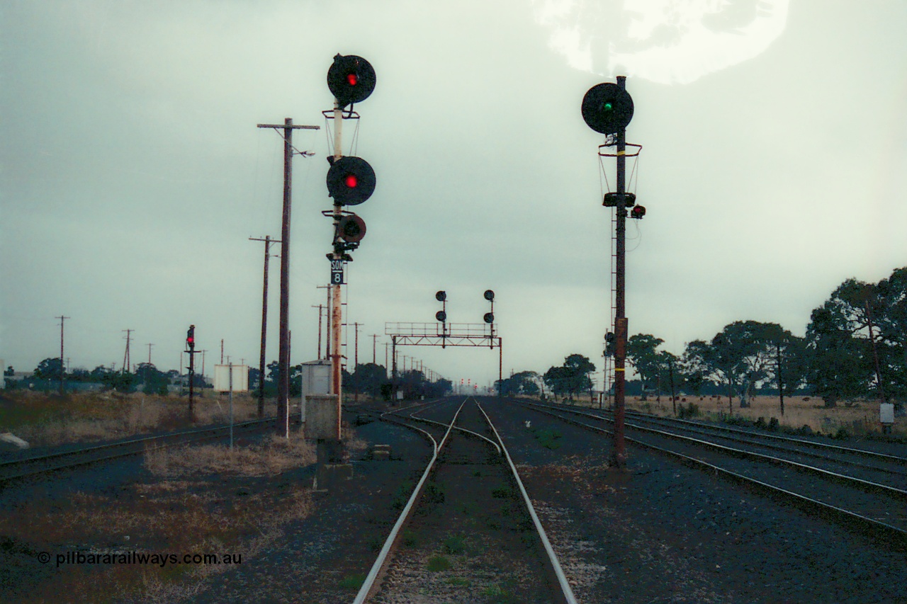 115-28
Somerton, standard gauge crossing loop, track overview, searchlight signal posts, SOM-8 up home for Somerton Loop, E798 up broad gauge signal, signal gantry for crossing loop, looking south, standard gauge siding to Blue Circle Cement and shunt signal 7 at left, broad gauge running lines on right.
