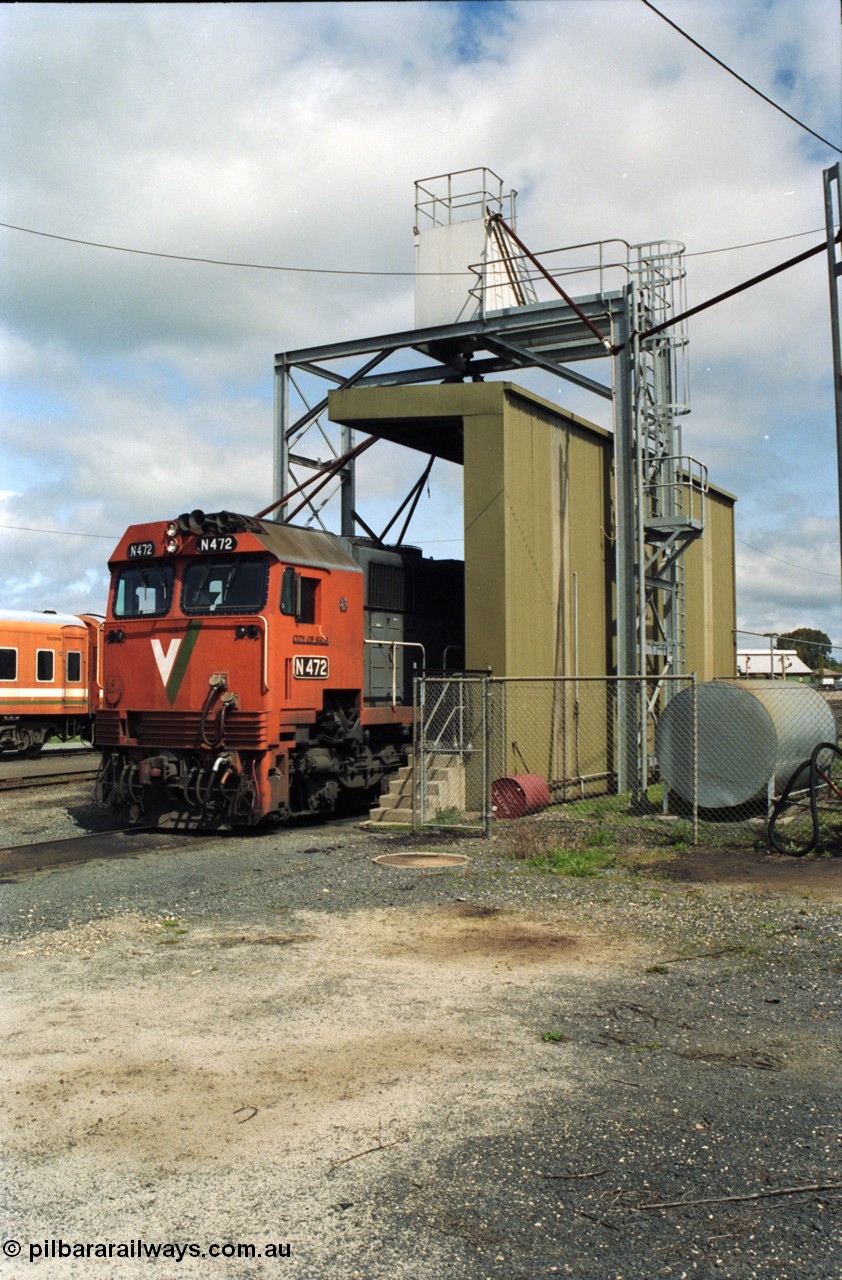 117-19
Seymour loco depot, fuel and sanding point, V/Line N class N 472 'City of Sale' Clyde Engineering EMD model JT22HC-2 serial 87-1201.
Keywords: N-class;N472;Clyde-Engineering-Somerton-Victoria;EMD;JT22HC-2;87-1201;