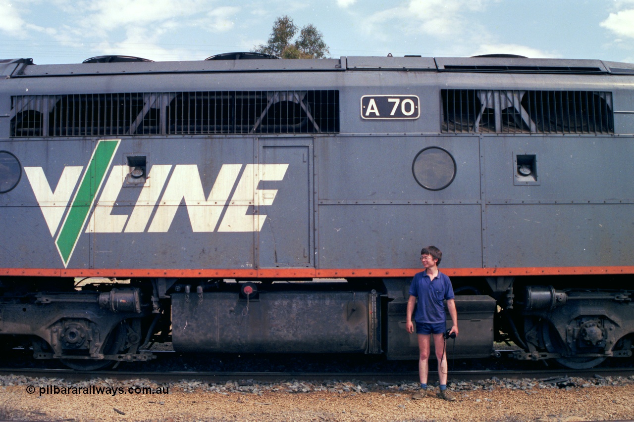 118-21
Cobram, V/Line broad gauge A class A 70 Clyde Engineering EMD model AAT22C-2R serial 84-1187 rebuilt from B 70 Clyde Engineering EMD model ML2 serial ML2-11, mid shot of fuel tank and battery box, Dave Hardidge in shot.
Keywords: A-class;A70;Clyde-Engineering-Rosewater-SA;EMD;AAT22C-2R;84-1187;rebuild;bulldog;