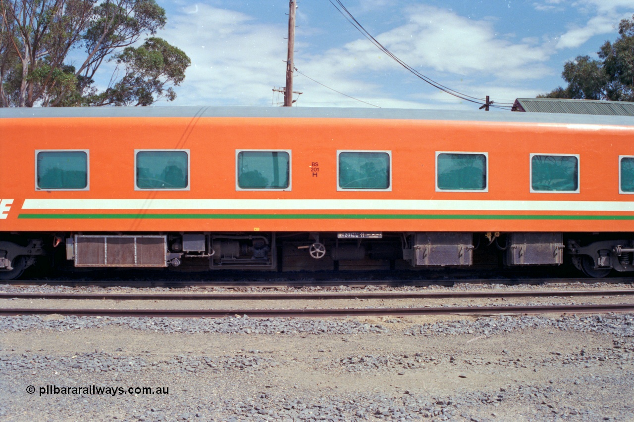 118-25
Cobram, V/Line broad gauge BS type bogie passenger carriage BS 201 part of Z set Z 56. Originally built by Newport Workshops in March 1949 as an AS type First Class sitting car for the Spirit of Progress AS 11, recoded in June 1982 to BS type BS 1 (2nd), then in August 1984 to BS 201.
Keywords: BS-type;BS201;Victorian-Railways-Newport-WS;AS-type;AS11;BS1;