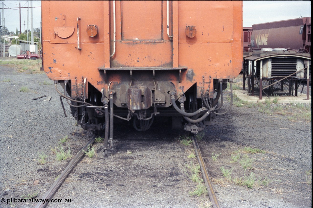 120-06
Seymour loco depot, V/Line broad gauge S class S 317 'Sir John Monash' Clyde Engineering EMD model A7 serial 61-240, pilot detail shot, No.2 end.
Keywords: S-class;S317;Clyde-Engineering-Granville-NSW;EMD;A7;61-240;bulldog;