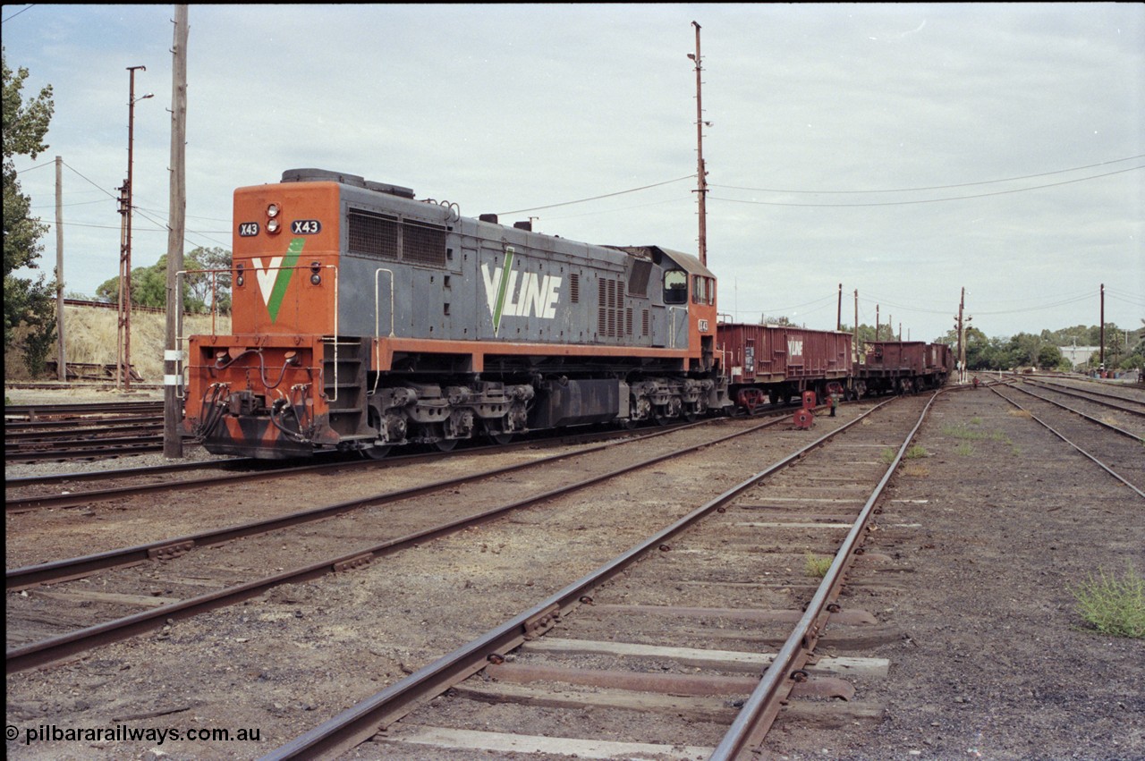 120-17
Benalla yard, V/Line broad gauge loco X class X 43 Clyde Engineering EMD model G26C serial 70-706, stabled down empty steel train, rationalisation has started, goods shed at right.
Keywords: X-class;X43;Clyde-Engineering-Granville-NSW;EMD;G26C;70-706;