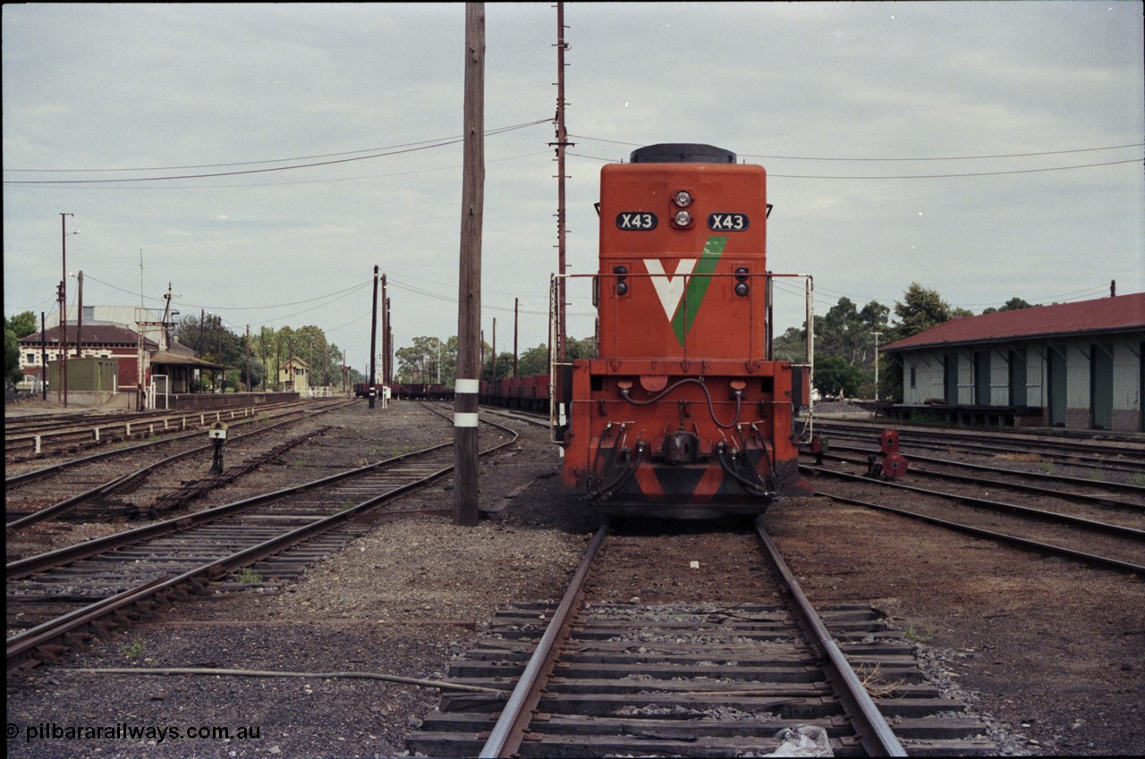 120-18
Benalla station yard overview, V/Line broad gauge loco X class X 43 Clyde Engineering EMD model G26C serial 70-706, stabled down empty steel train, rationalisation has started, view looking south, platform and signal box in background.
Keywords: X-class;X43;Clyde-Engineering-Granville-NSW;EMD;G26C;70-706;