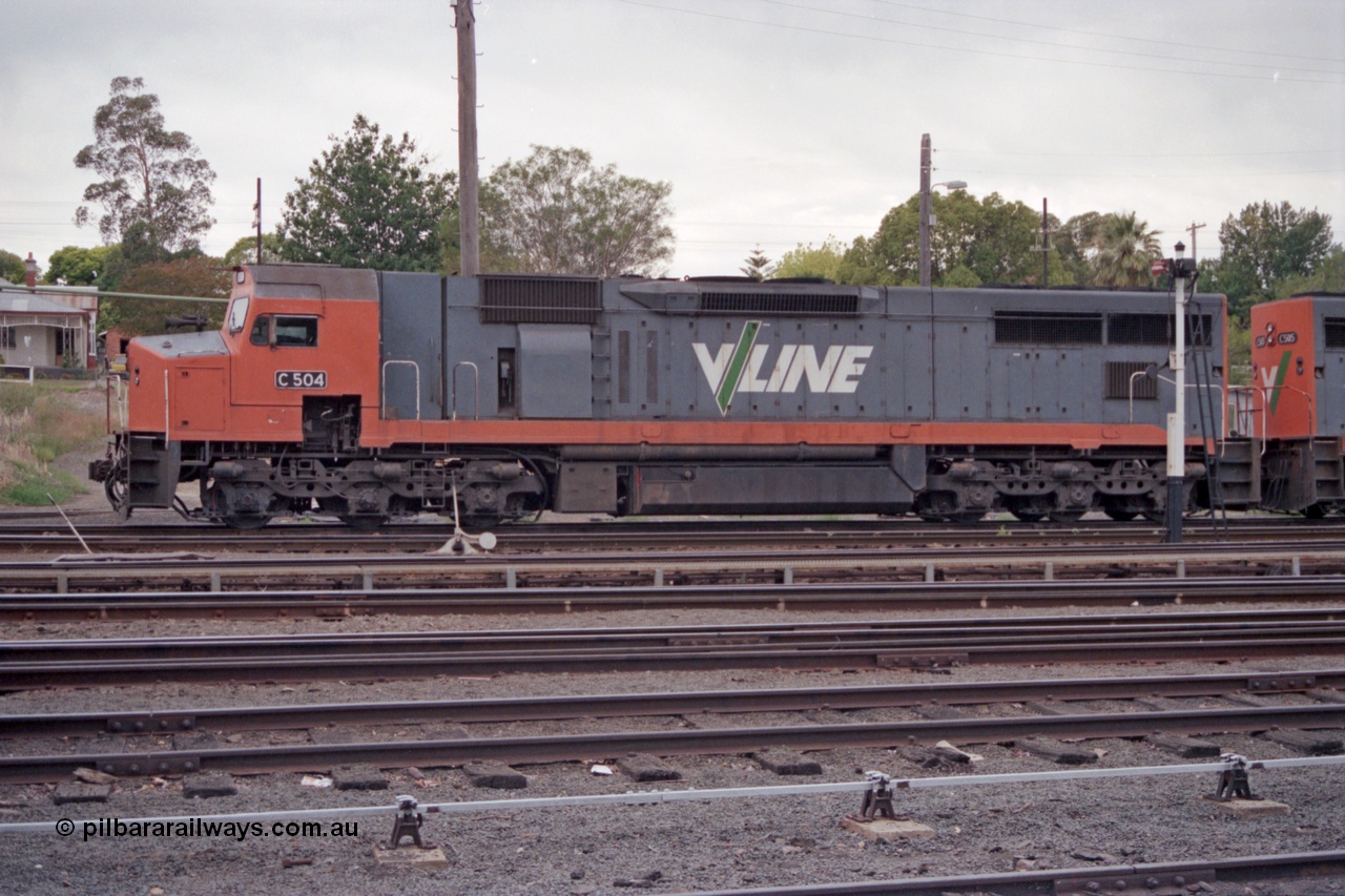 121-01
Albury loco depot, standard gauge V/Line C class C 504 Clyde Engineering EMD model GT26C serial 76-827, LHS view across yard.
Keywords: C-class;C504;Clyde-Engineering-Rosewater-SA;EMD;GT26C;76-827;