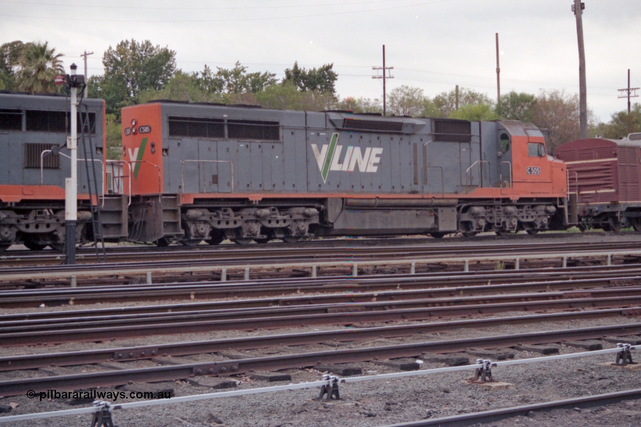 121-02
Albury loco depot, standard gauge V/Line C class C 505 Clyde Engineering EMD model GT26C serial 76-828, RHS view across yard, trailing shot.
Keywords: C-class;C505;Clyde-Engineering-Rosewater-SA;EMD;GT26C;76-828;