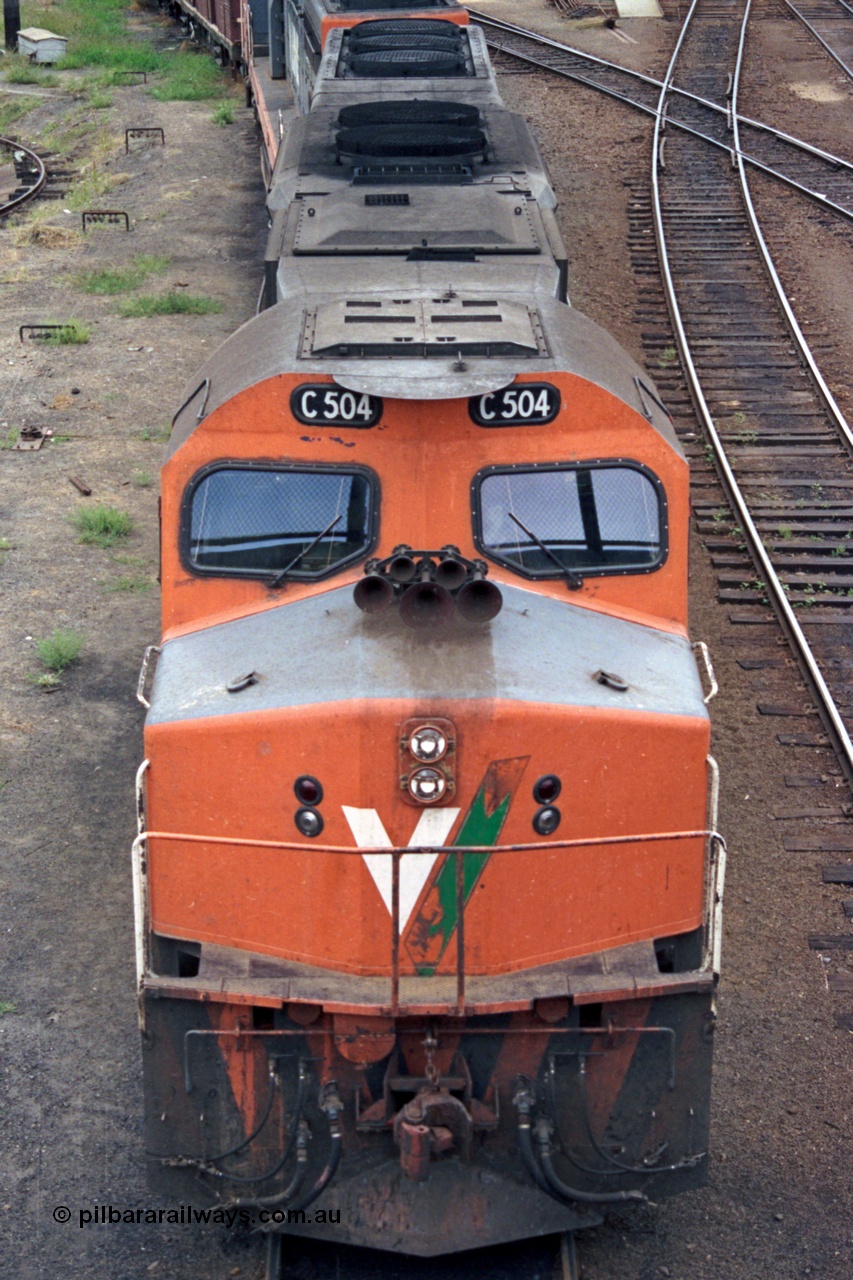 121-05
Albury loco depot, V/Line standard gauge C class C 504 Clyde Engineering EMD model GT26C serial 76-827 elevated vertical view.
Keywords: C-class;C504;Clyde-Engineering-Rosewater-SA;EMD;GT26C;76-827;
