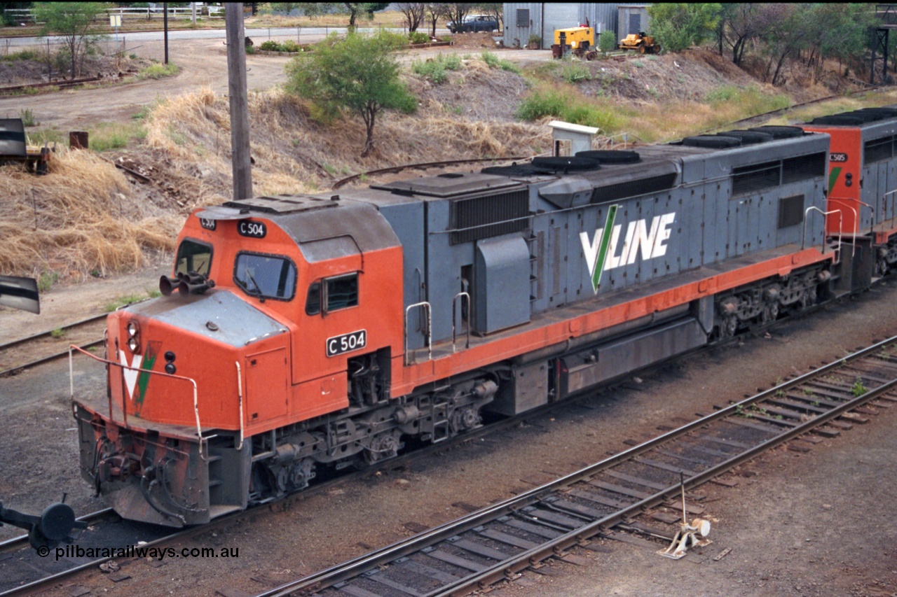 121-06
Albury loco depot, V/Line standard gauge C class C 504 Clyde Engineering EMD model GT26C serial 76-827 elevated view.
Keywords: C-class;C504;Clyde-Engineering-Rosewater-SA;EMD;GT26C;76-827;