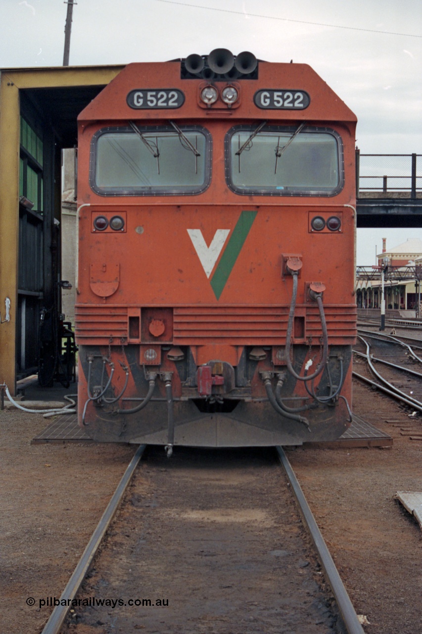 121-11
Albury loco depot, V/Line standard gauge G class G 522 Clyde Engineering EMD model JT26C-2SS serial 86-1235, cab front view.
Keywords: G-class;G522;Clyde-Engineering-Rosewater-SA;EMD;JT26C-2SS;86-1235;