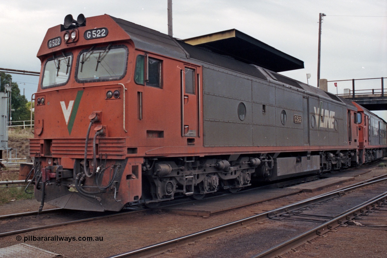 121-12
Albury loco depot, V/Line standard gauge G class G 522 Clyde Engineering EMD model JT26C-2SS serial 86-1235, 3/4 view at the fuel point, coupled to another G class.
Keywords: G-class;G522;Clyde-Engineering-Rosewater-SA;EMD;JT26C-2SS;86-1235;