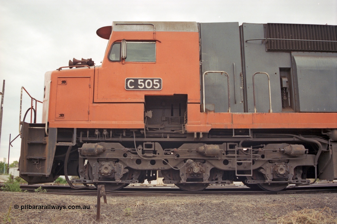121-17
Albury loco depot, V/Line standard gauge C class C 505 Clyde Engineering EMD model GT26C serial 76-828 LHS cab view, shows staff exchanger pocket, no apparatus.
Keywords: C-class;C505;Clyde-Engineering-Rosewater-SA;EMD;GT26C;76-828;