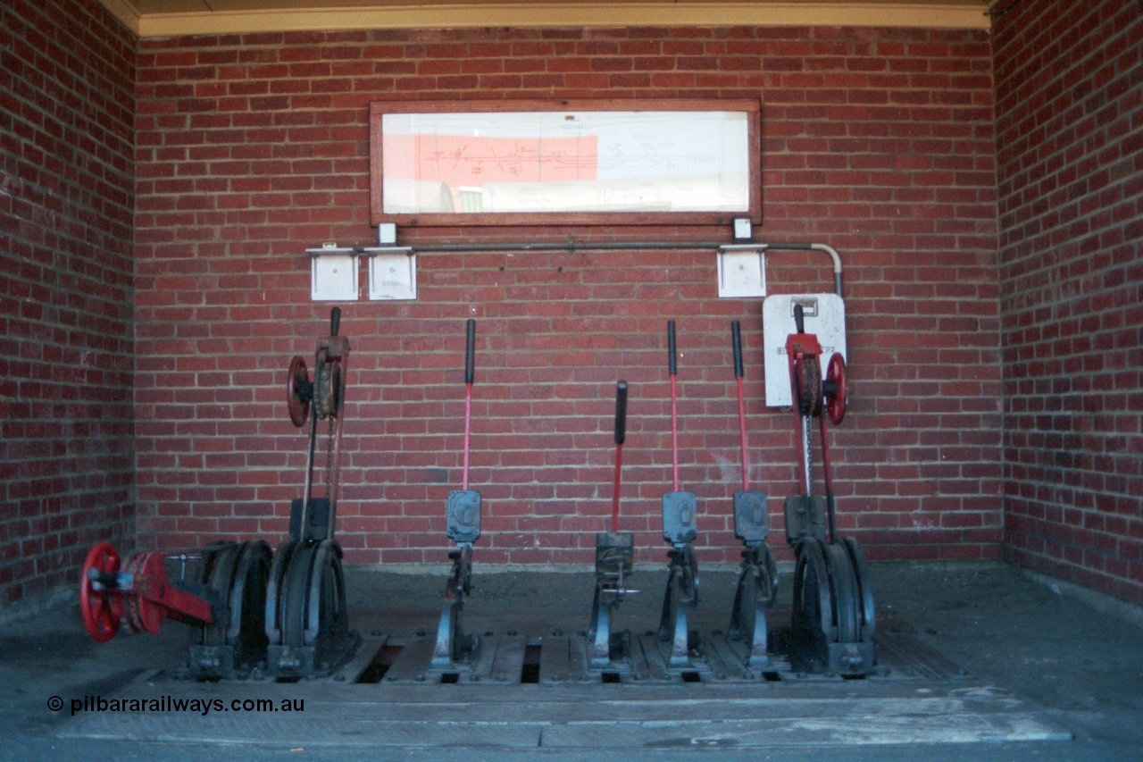 121-33
Morwell Signal Bay on the platform, signal levers, diagram and track circuit indicators on back wall.

