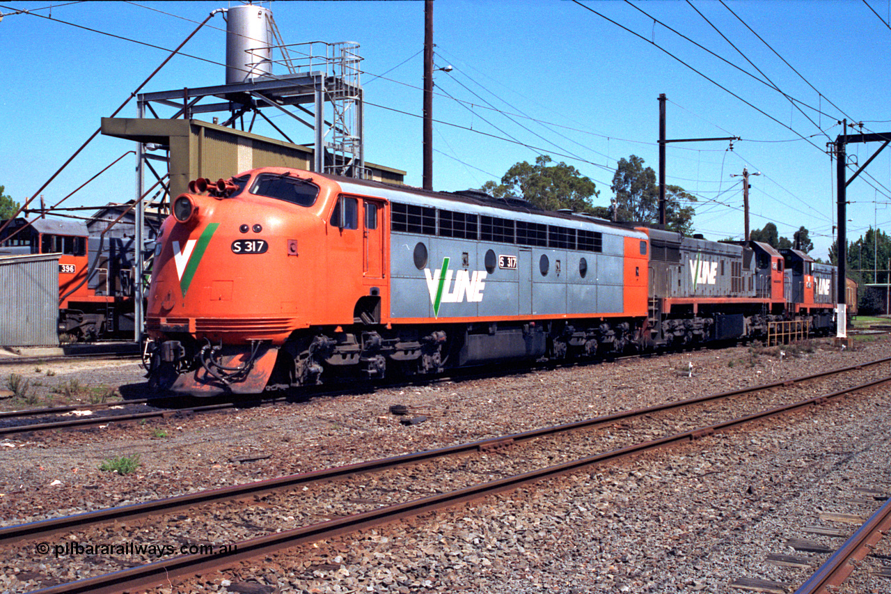 122-08
Traralgon loco depot, V/Line broad gauge locos, S class S 317 'Sir John Monash' Clyde Engineering EMD model A7 serial 61-240, X class X 45 'Edgar H Brownbill' Clyde Engineering EMD model G26C serial 75-792 and T class T 407 Clyde Engineering EMD model G18B serial 68-623.
Keywords: S-class;S317;Clyde-Engineering-Granville-NSW;EMD;A7;61-240;bulldog;