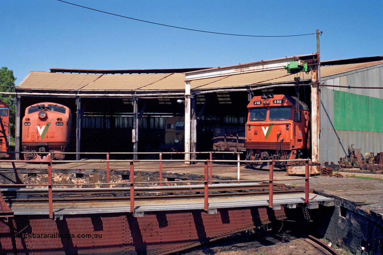 122-12
Traralgon loco depot, round house, turntable, V/Line broad gauge locos A class A 78 Clyde Engineering EMD model AAT22C-2R serial 84-1185 rebuilt from B class B 78 Clyde Engineering EMD model ML2 serial ML2-19, rail tractor RT class and G class G 512 Clyde Engineering EMD model JT26C-2SS serial 84-1240.
