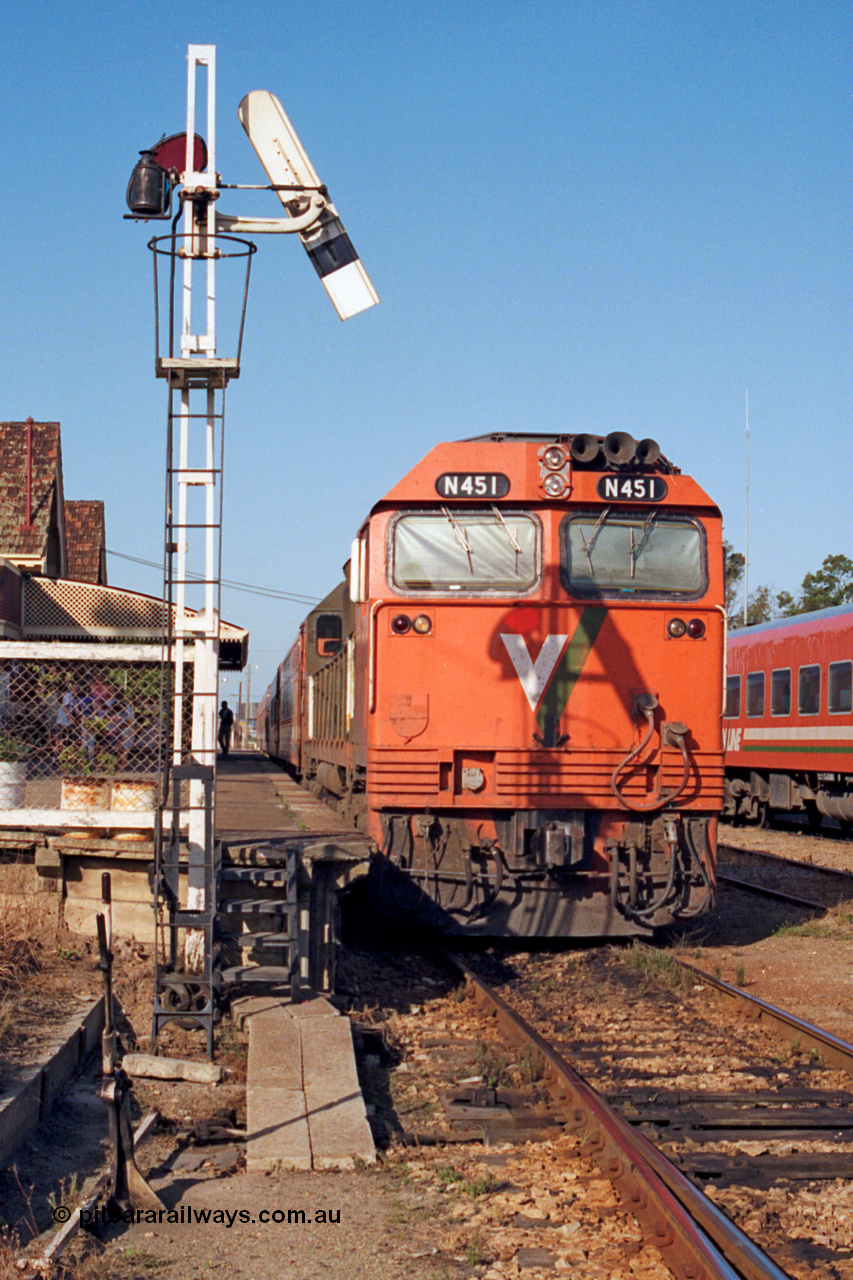 123-1-09
Bairnsdale station, V/Line broad gauge N class N 451 'City of Portland' Clyde Engineering EMD model JT22HC-2 serial 85-1219 up passenger train, signal post.
Keywords: N-class;N451;Clyde-Engineering-Somerton-Victoria;EMD;JT22HC-2;85-1219;