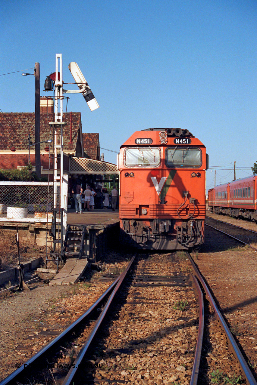 123-1-11
Bairnsdale station, V/Line broad gauge N class leader N 451 'City of Portland' Clyde Engineering EMD model JT22HC-2 serial 85-1219 up passenger train, signal post.
Keywords: N-class;N451;Clyde-Engineering-Somerton-Victoria;EMD;JT22HC-2;85-1219;
