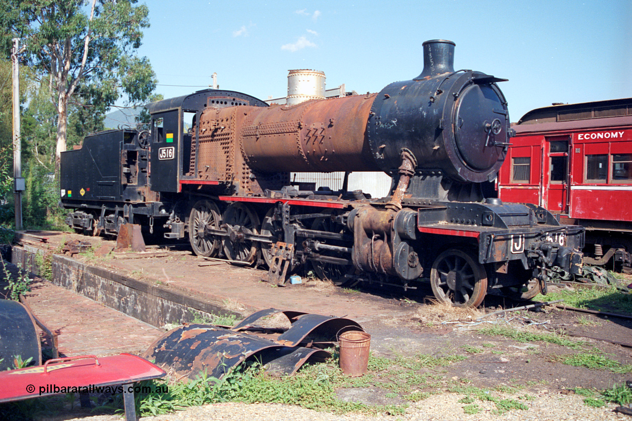 123-1-23
Healesville former Victorian Railways broad gauge J class J 516 serial 6062, built by Vulcan Foundry, Newton-le-Willows in Lancashire England, coal burning Consolidation model 2-8-0 steam locomotive.
Keywords: J-class;J516;Vulcan-Foundry;6062;Consolidation;2-8-0;