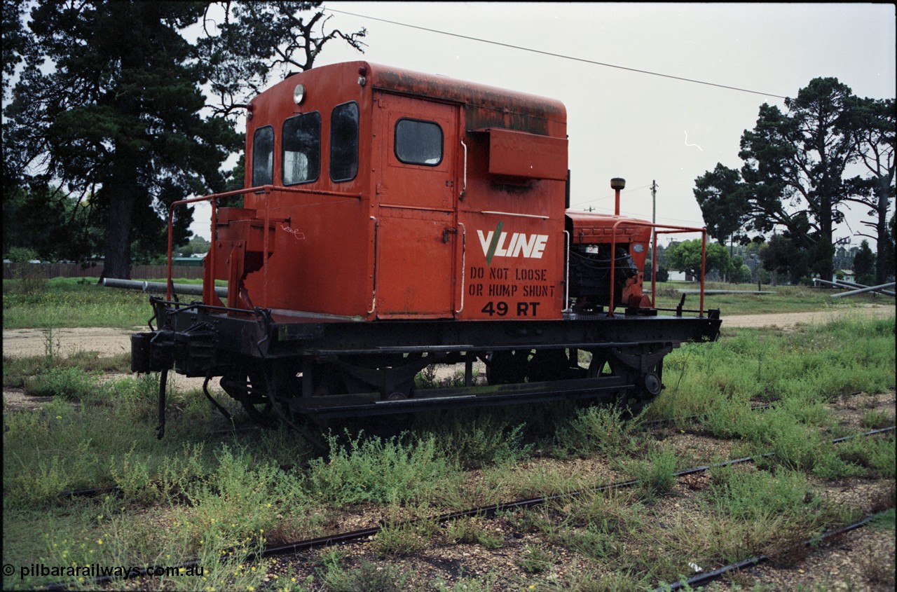 123-2-04
Maffra, broad gauge V/Line RT class rail tractor RT 49, has a very long rest between tasks out here! RT 49 started out as I waggon 7507 built by Victorian Railways 21-02-1905, converted to IA in 1936, then K 85 in April 1955 and in 1969 to the underframe of RT 49 by Ballarat North Workshops.
Keywords: RT-class;RT49;I-type;IA-type;I7507;IA7507;K-type;K85;
