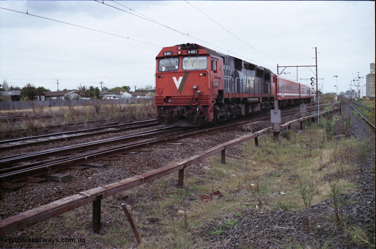 123-2-17
Sunshine V/Line broad gauge down passenger train with N class N 461 'City of Ararat' Clyde Engineering EMD model JT22HC-2 serial 86-1190 and N set.
Keywords: N-class;N461;Clyde-Engineering-Somerton-Victoria;EMD;JT22HC-2;86-1190;