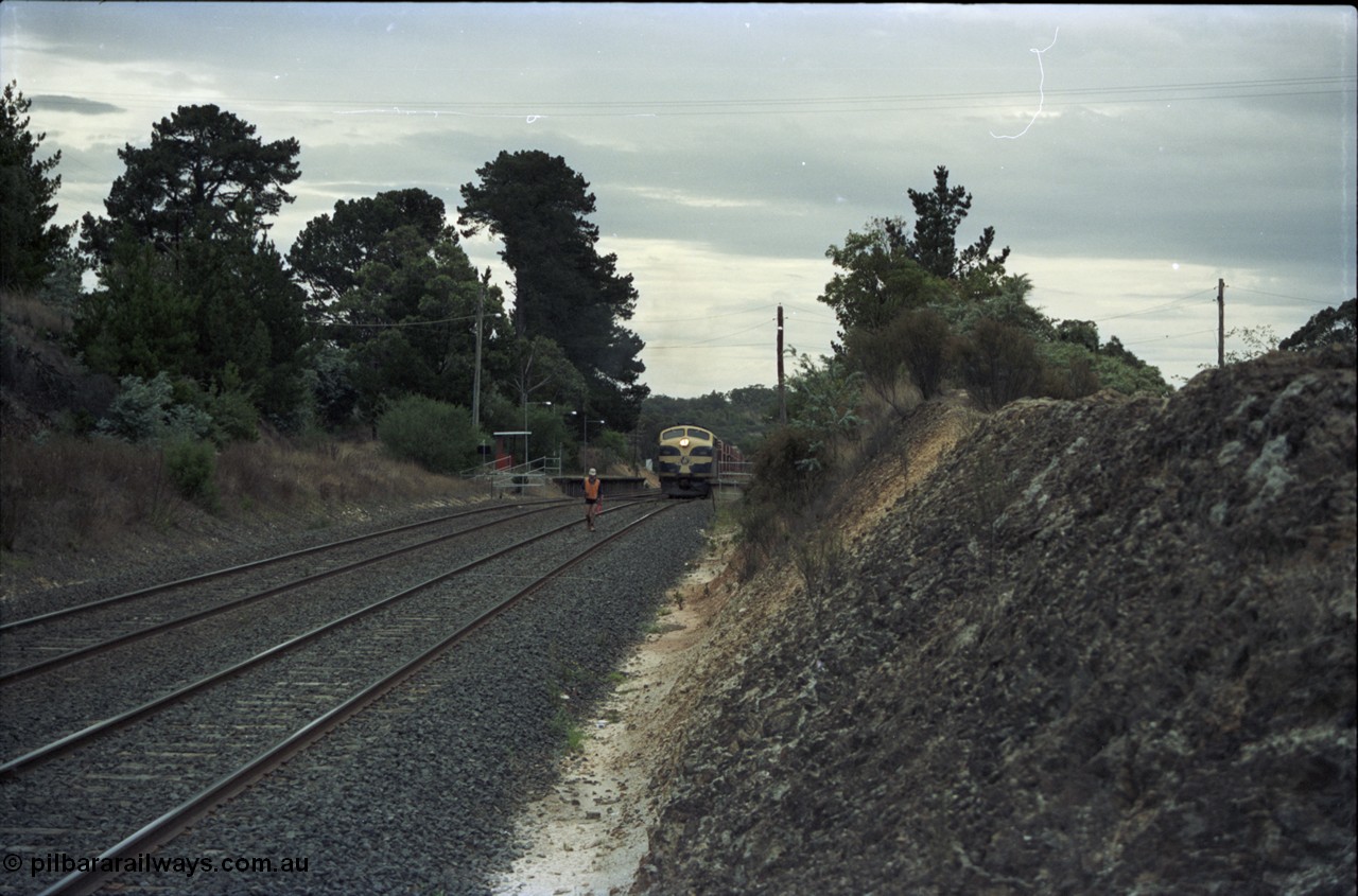 125-18
Heathcote Junction, V/Line broad gauge B class Clyde Engineering EMD model ML2 serial ML2-6 still in Victorian Railways livery leads a sleeper discharge train on the up broad gauge line, ganger walking track.
Keywords: B-class;B65;Clyde-Engineering-Granville-NSW;EMD;ML2;ML2-6;bulldog;