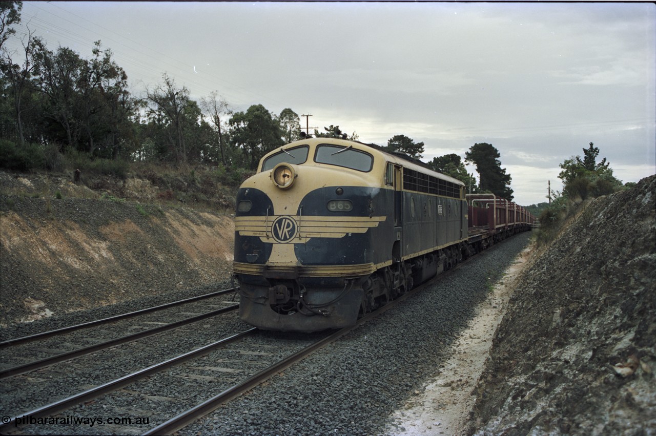125-20
Heathcote Junction, V/Line broad gauge B class Clyde Engineering EMD model ML2 serial ML2-6 still in Victorian Railways livery leads a sleeper discharge train on the up broad gauge line, topping the grade.
Keywords: B-class;B65;Clyde-Engineering-Granville-NSW;EMD;ML2;ML2-6;bulldog;