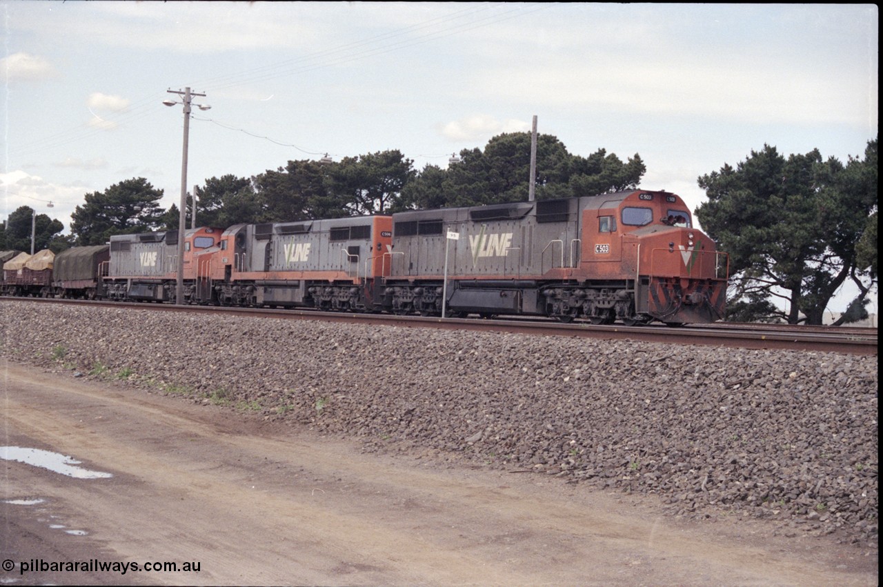 126-09
Tottenham broad gauge train 9169 down goods to Adelaide via Cressy, brake testing at Tottenham , V/Line C classes C 503 Clyde Engineering EMD model GT26C serial 76-826, C 506 serial 76-829 and C 501 'George Brown' serial 76-824.
Keywords: C-class;C501;Clyde-Engineering-Rosewater-SA;EMD;GT26C;76-824;C506;76-826;C503;76-829;