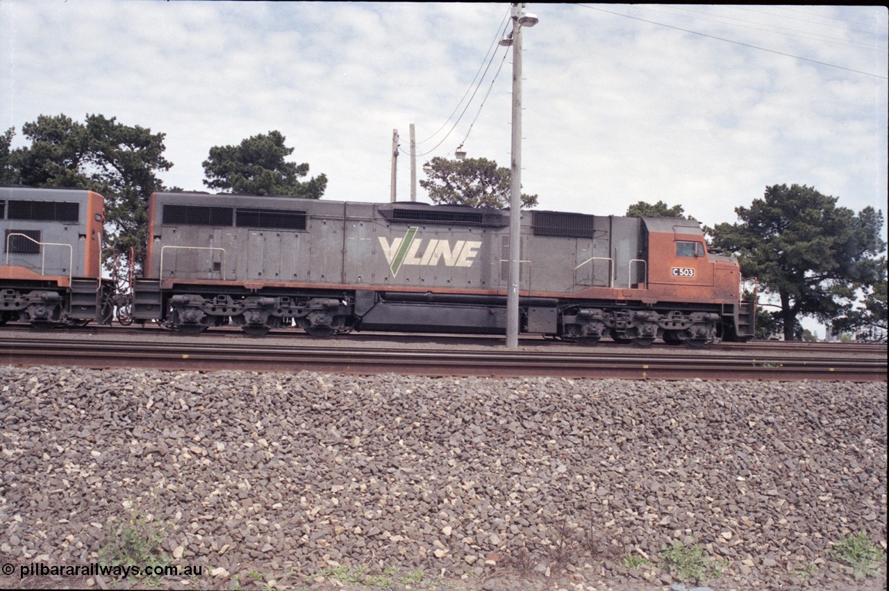 126-12
Tottenham broad gauge train 9169 down goods to Adelaide via Cressy, brake testing at Tottenham , V/Line C class C 503 Clyde Engineering EMD model GT26C serial 76-826, side view, crooked.
Keywords: C-class;C503;Clyde-Engineering-Rosewater-SA;EMD;GT26C;76-826;