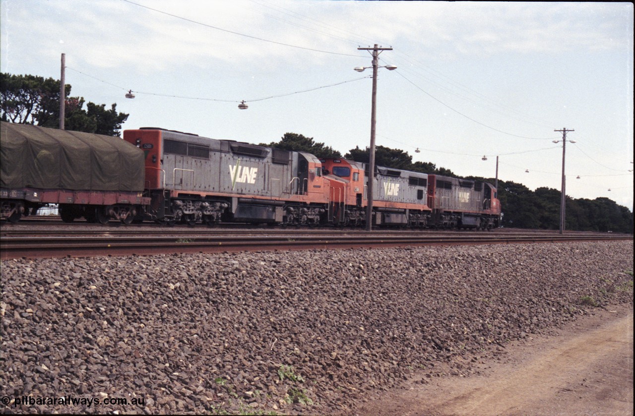 126-15
Tottenham broad gauge train 9169 down goods to Adelaide via Cressy, brake testing at Tottenham , V/Line C classes C 503 Clyde Engineering EMD model GT26C serial 76-826, C 506 serial 76-829 and C 501 'George Brown' serial 76-824, trailing view.
Keywords: C-class;C501;Clyde-Engineering-Rosewater-SA;EMD;GT26C;76-824;C506;76-826;C503;76-829;