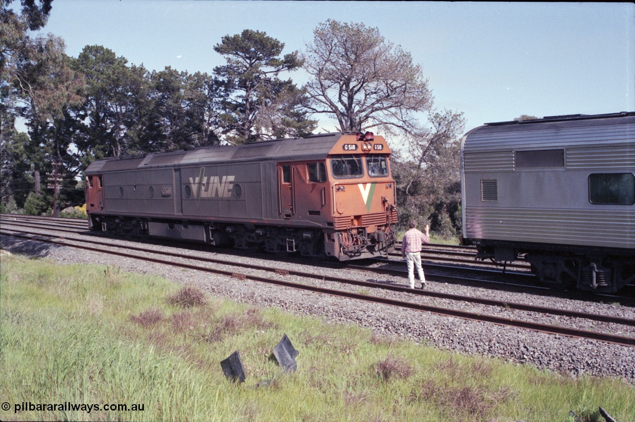 126-24
Broadford Loop, V/Line G class G 518 Clyde Engineering EMD model JT26C-2SS serial 85-1231, loco failure, up standard gauge pass Melbourne Express, loco shunting back onto train.
Keywords: G-class;G518;Clyde-Engineering-Rosewater-SA;EMD;JT26C-2SS;85-1231;