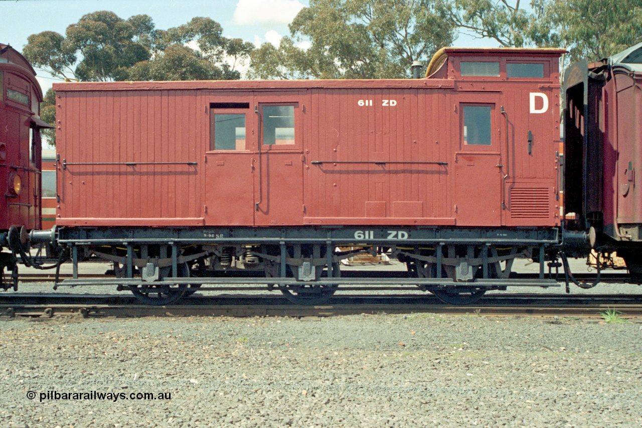 127-03
Seymour loco depot, ex Victorian Railways ZD class six wheel guards van ZD 611, side view.
Keywords: ZD-van;ZD611;Victorian-Railways-Newport-WS;Z-type;fixed-wheel-waggon;